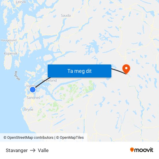 Stavanger to Valle map