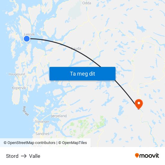 Stord to Valle map