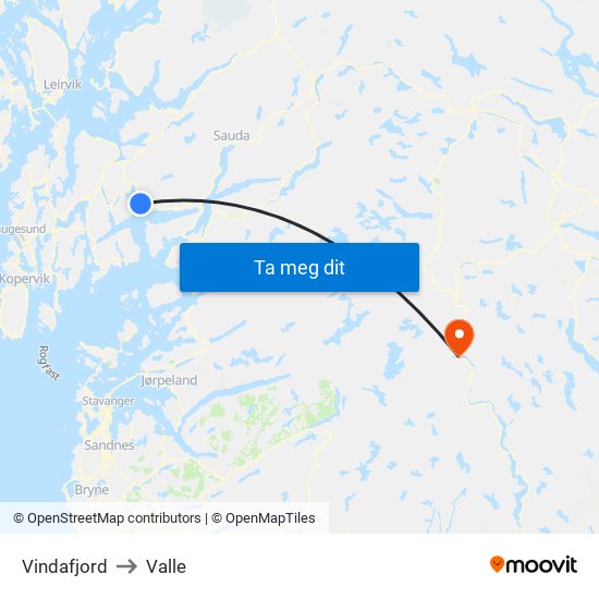 Vindafjord to Valle map