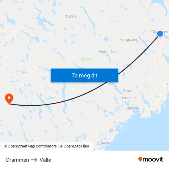 Drammen to Valle map