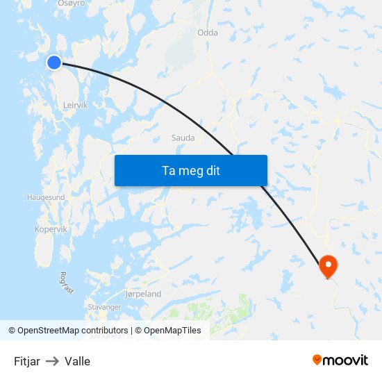 Fitjar to Valle map