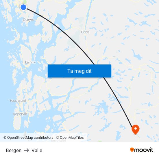 Bergen to Valle map