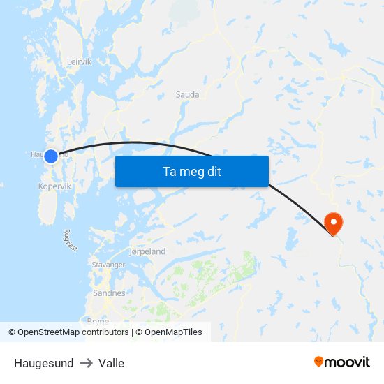 Haugesund to Valle map