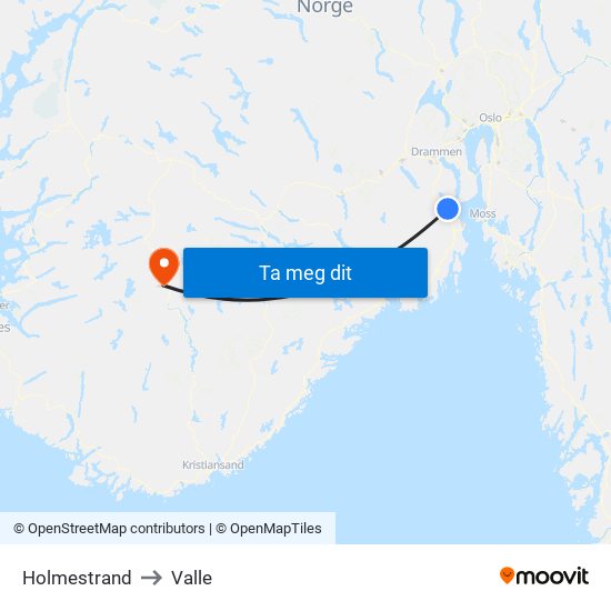 Holmestrand to Valle map