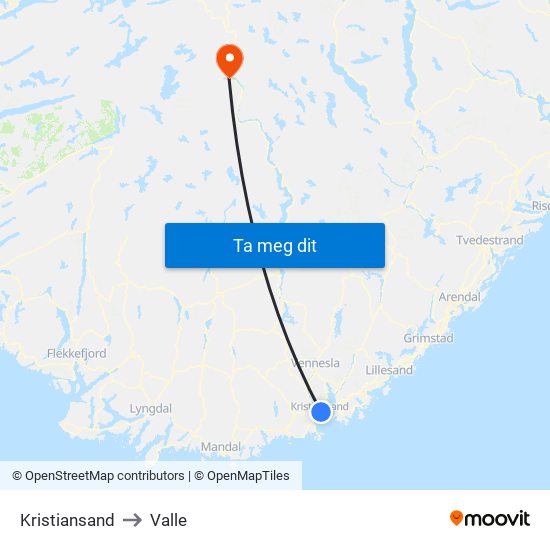 Kristiansand to Valle map