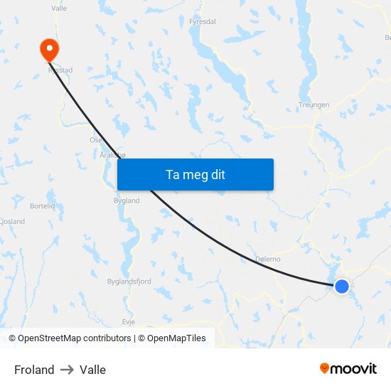 Froland to Valle map