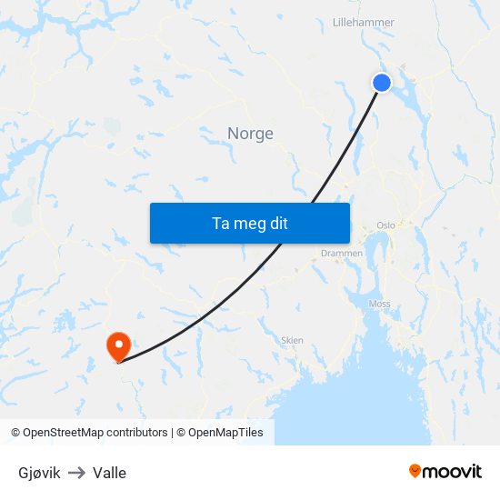 Gjøvik to Valle map