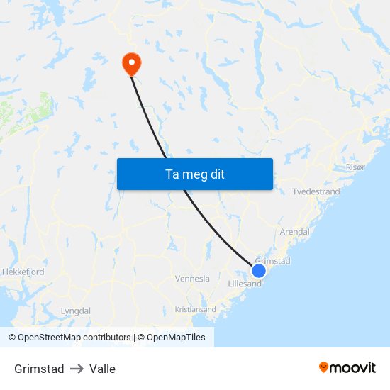 Grimstad to Valle map