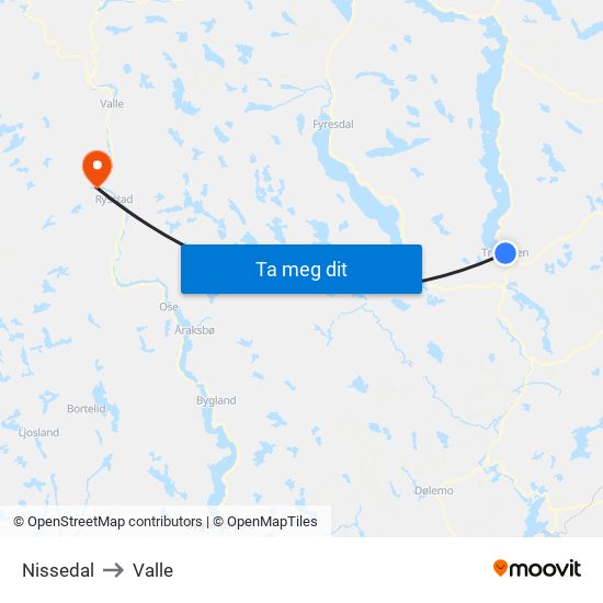 Nissedal to Valle map