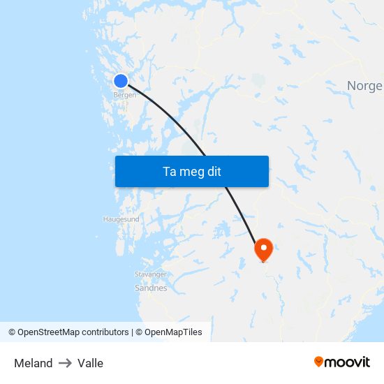 Meland to Valle map