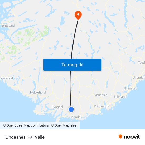 Lindesnes to Valle map