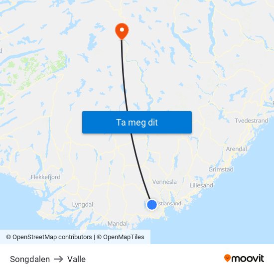 Songdalen to Valle map