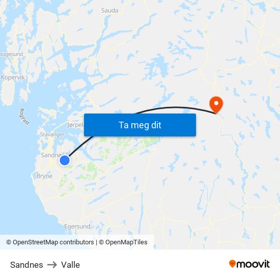 Sandnes to Valle map