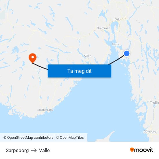 Sarpsborg to Valle map