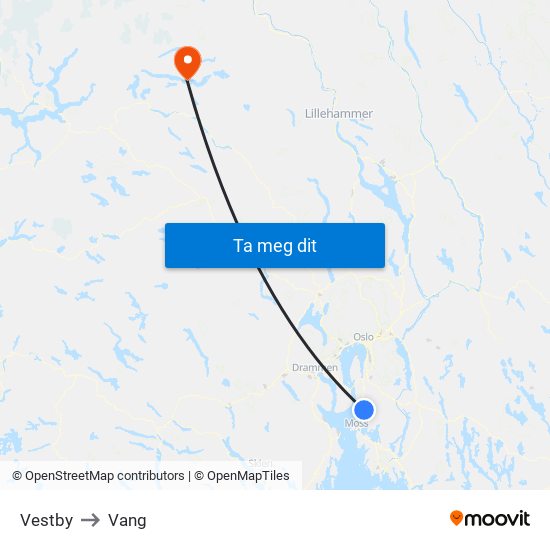 Vestby to Vang map