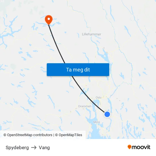 Spydeberg to Vang map