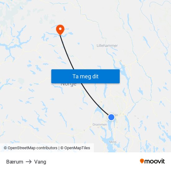 Bærum to Vang map