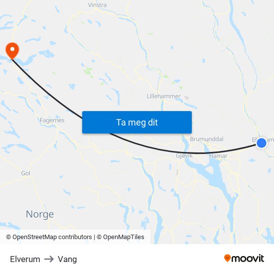 Elverum to Vang map