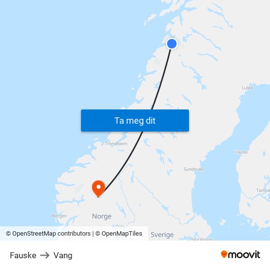 Fauske to Vang map