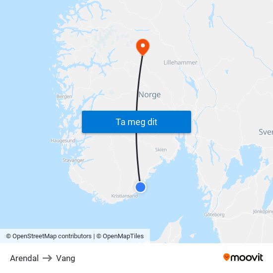 Arendal to Vang map