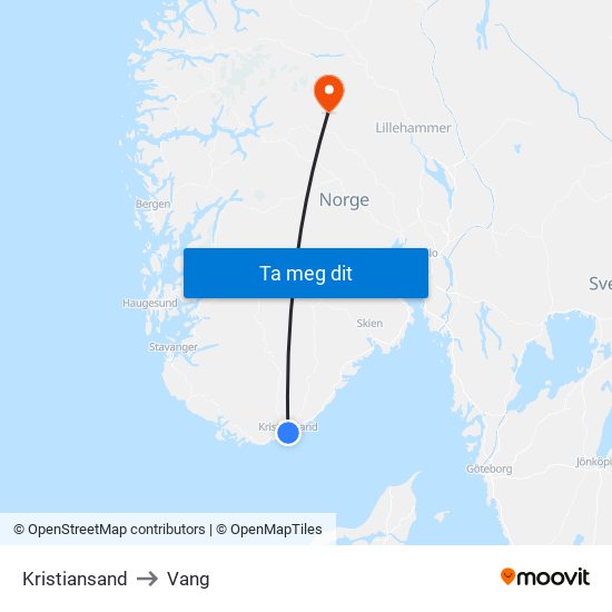 Kristiansand to Vang map