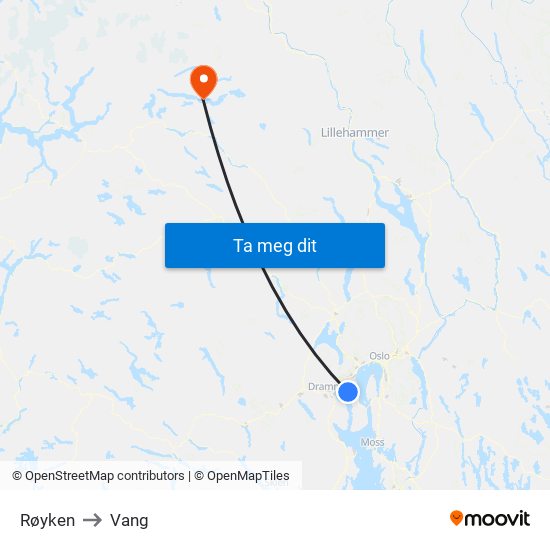 Røyken to Vang map