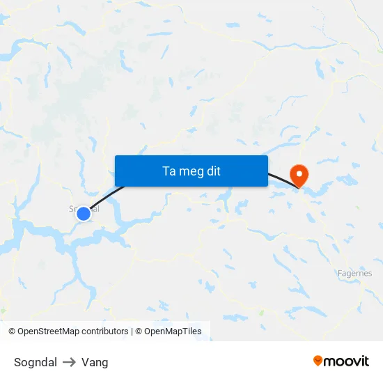 Sogndal to Vang map