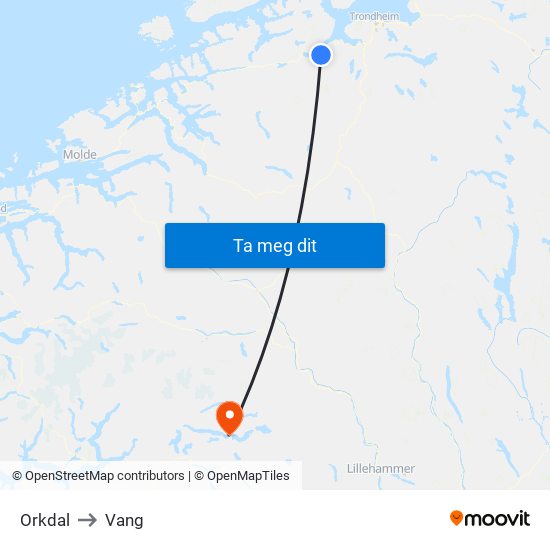 Orkdal to Vang map