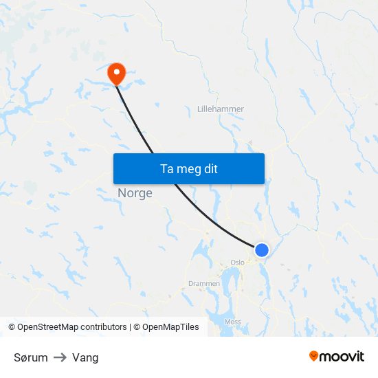 Sørum to Vang map