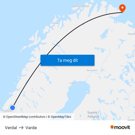 Verdal to Vardø map