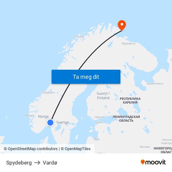 Spydeberg to Vardø map