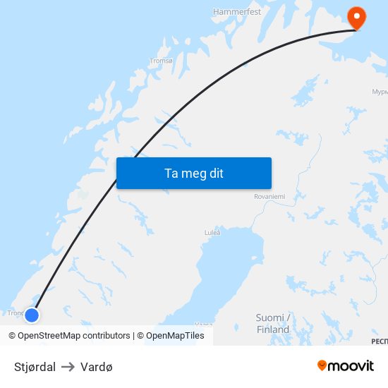 Stjørdal to Vardø map