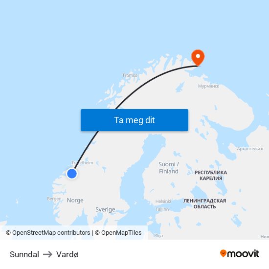 Sunndal to Vardø map