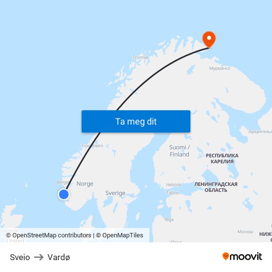 Sveio to Vardø map
