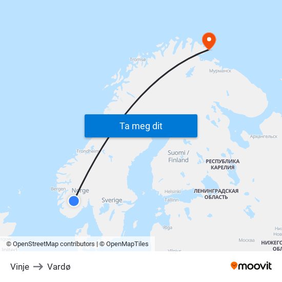 Vinje to Vardø map