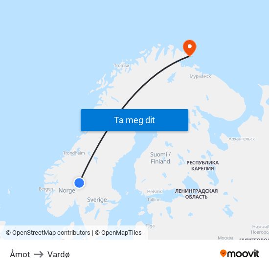 Åmot to Vardø map