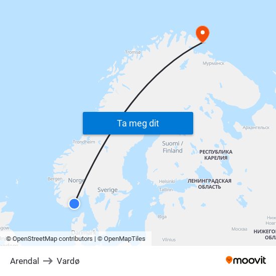 Arendal to Vardø map