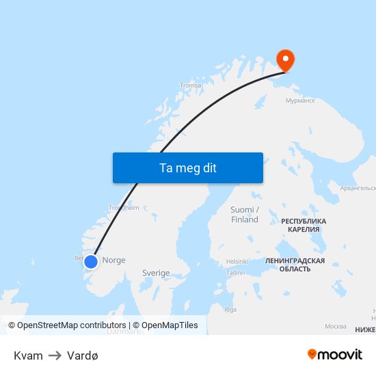 Kvam to Vardø map