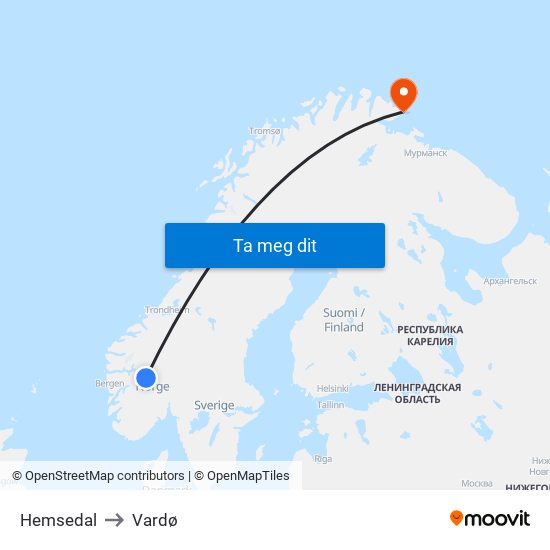 Hemsedal to Vardø map