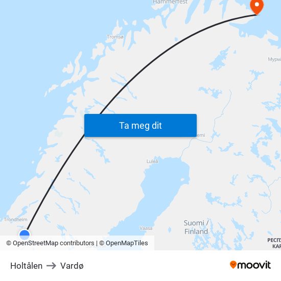 Holtålen to Vardø map