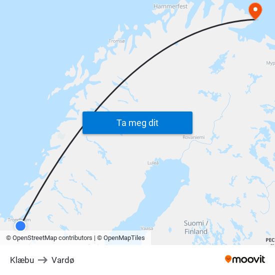 Klæbu to Vardø map