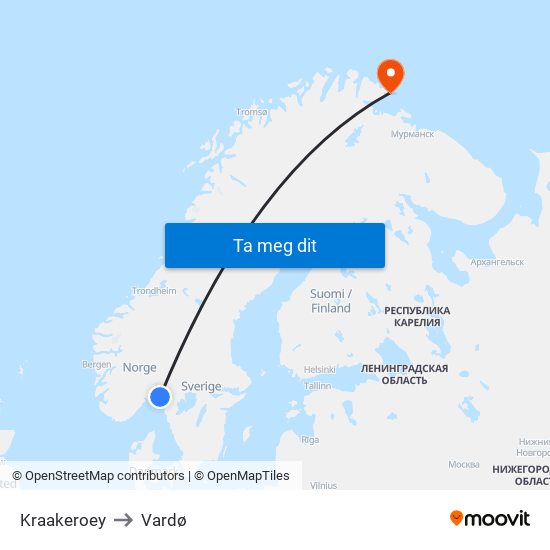 Kraakeroey to Vardø map