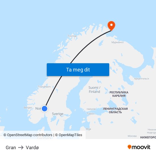 Gran to Vardø map