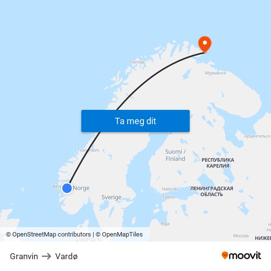 Granvin to Vardø map