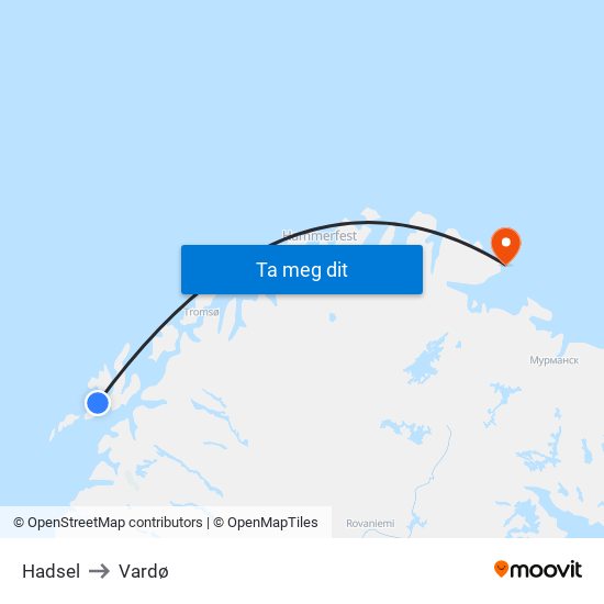 Hadsel to Vardø map