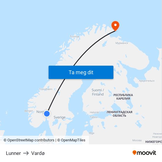 Lunner to Vardø map