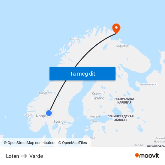 Løten to Vardø map