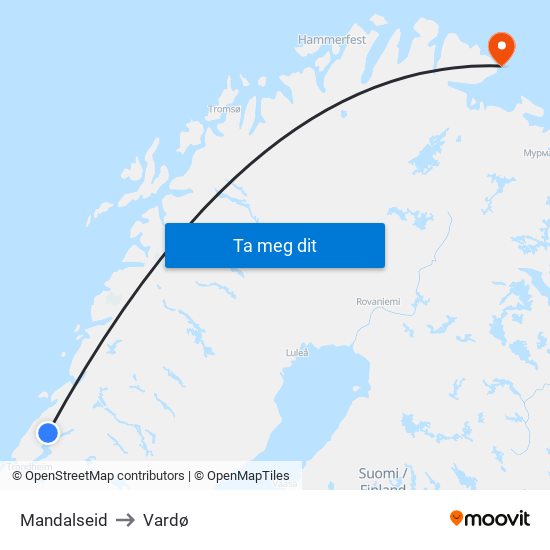 Mandalseid to Vardø map