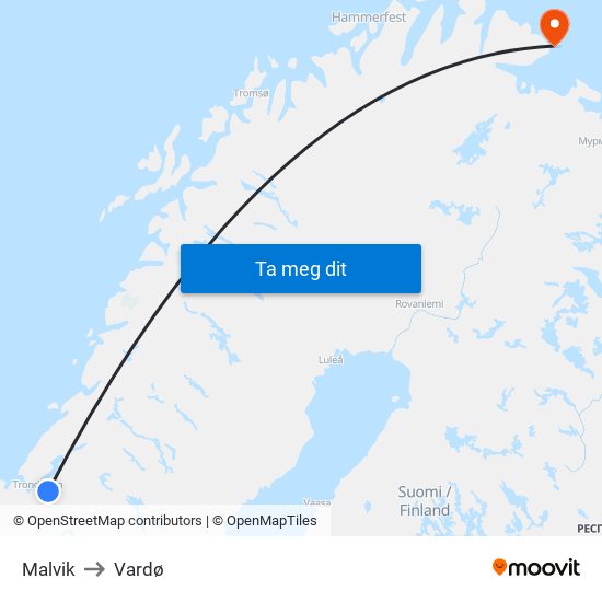 Malvik to Vardø map