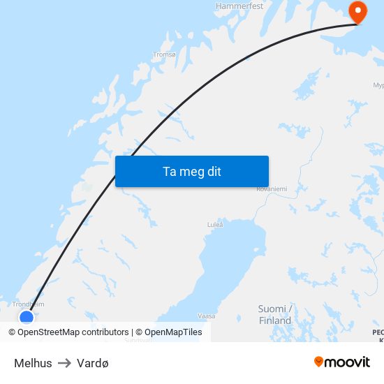 Melhus to Vardø map